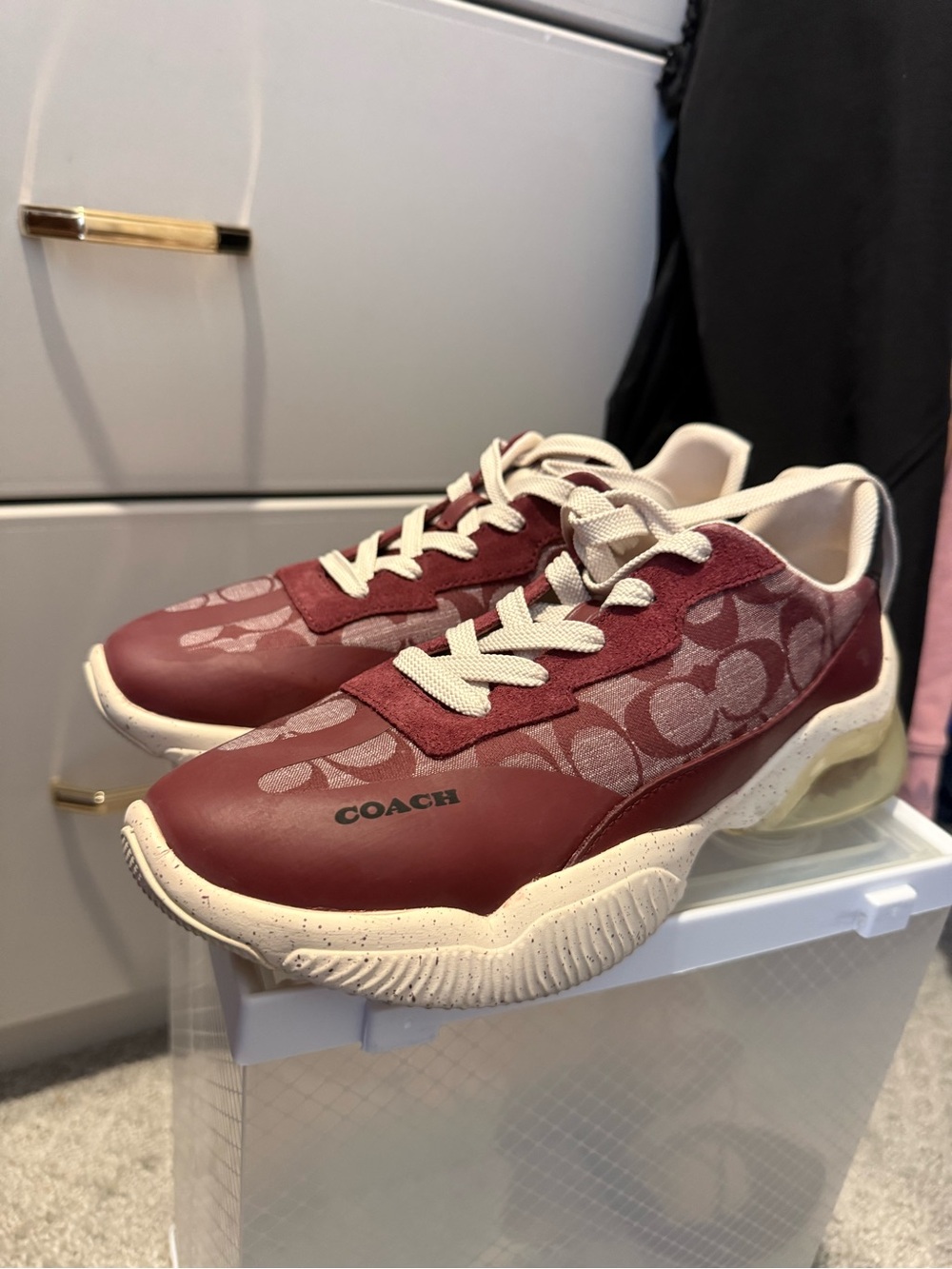 Coach Cream and Burgundy Logo Sneakers - Picture 2 of 3